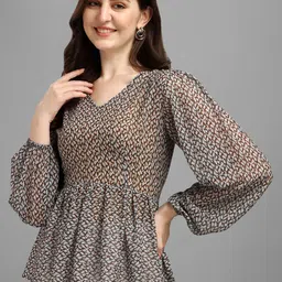 Masakali Co Brown Geometric Print Bishop Sleeves Georgette Cinched Waist Top-image-39