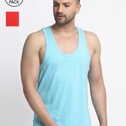 Friskers Men Pack Of 2 Turquoise Blue & Red Solid Pure Cotton Gym Vests-picture-5
