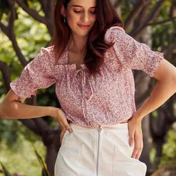 Athena Women Peach-Coloured Floral Printed Tie-Up Neck Top-picture-12
