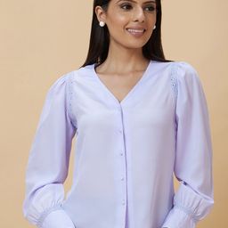 Globus Blue V-Neck Puff Sleeve Top-image-93
