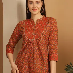 KALINI Floral Print Mandarin Collar Ethnic Cotton Top-picture-52