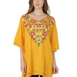 SAAKAA Yellow Floral Embroidered Sweetheart Neck Kaftan Top-image-82