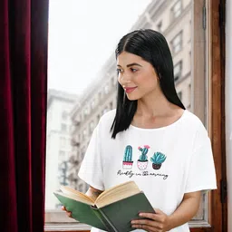 Basics By Tokyo Talkies White & Green Printed Lounge Top-48