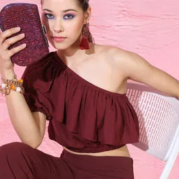 Tokyo Talkies Maroon One Shoulder Ruffled Fitted Crop Top-image-62
