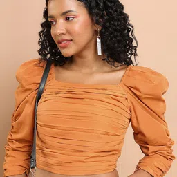 Tokyo Talkies Brown Puff Sleeves Smocked Ruched Fitted Crop Top-image-44