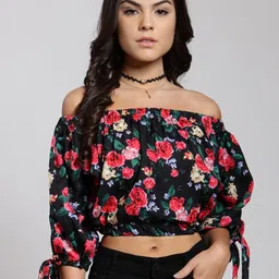 BAESD Floral Printed Off-Shoulder Puffed Sleeves Bardot Crop Top-image-45