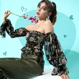 ANVI Be Yourself Black & Green Floral Print Chiffon Bardot Crop Top-picture-12
