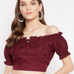 BAESD Off-Shoulder Puff Sleeves Smocking Bardot Crop Top-image-5