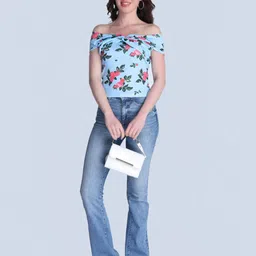 Orchid Blues Floral Printed Off-Shoulder Bardot Crop Top-44