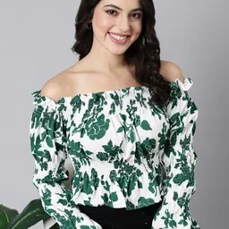 SHOWOFF Floral Printed Off-Shoulder Bell Sleeve Smocked Crepe Bardot Crop Top-picture-26