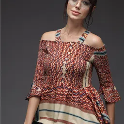 BAESD Abstract Printed Shoulder Straps Bell Sleeves Smocking Detail Bardot Top-image-94