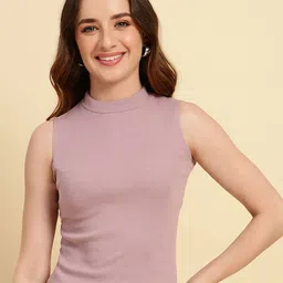 UnaOne Self Design High Neck Cotton Fitted Top-33