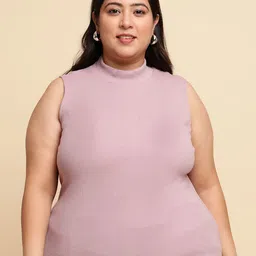 UnaOne Self Design High Neck Plus Size Cotton Fitted Top-30