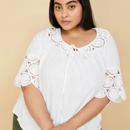 max Plus Size Solid Tie-Up Neck Bell Sleeve Cotton Top-63