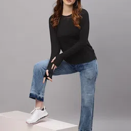 Rigo Round Neck Long Sleeves Crop Top With Thumbholes-image-34