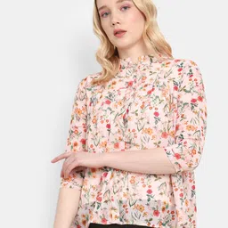 V-Mart Floral Printed Mandarin Collar Accordion Pleated Georgette Shirt Style Top-picture-11