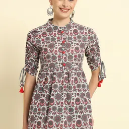 KBZ Floral Print Mandarin Collar Slit Sleeve Cotton Top-image-11