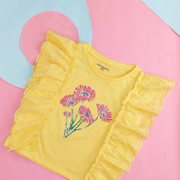 Pantaloons Junior Girls Floral Sequined Flutter Sleeves Cotton Top-picture-2