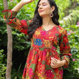 Rain & Rainbow Floral Printed Bell Sleeve Cotton Empire Top-image-74