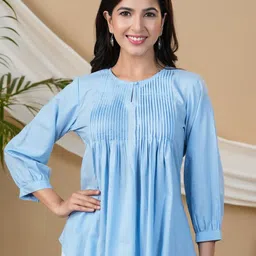 Adveta Keyhole Neck Puff Sleeves Pleated Cotton A-Line Top-image-36