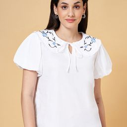 Honey by Pantaloons Tie-Up Neck Puff Sleeves Cotton Top-image-56