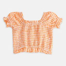Pantaloons Junior Girls Checked Puff Sleeves Smocked Cotton Top-picture-14