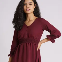 AASK Brown Bishop Sleeves Smocked Crepe Empire Top-picture-52