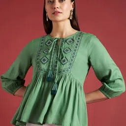 all about you Embroidered Puff Sleeves Tie-Up Neck Top-image-17