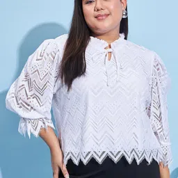 Athena Ample Plus Size Self Design Tie-Up Neck Lace Top image 1