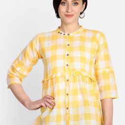 Resha Checked Mandarin Collar Shirt Style Pure Cotton Top-image-50