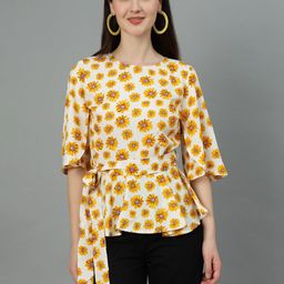 Kotty Floral Printed Round Neck Crepe Cinched Waist Top-image-35