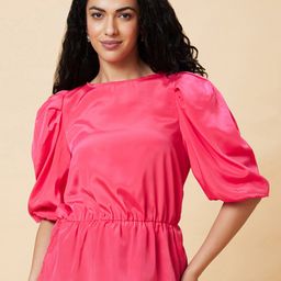 Globus Pink Puff Sleeves Gathered Cinched Waist Top-image-17