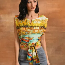 Anouk Graphic Printed Notch Neck Cinched Waist Top-image-63