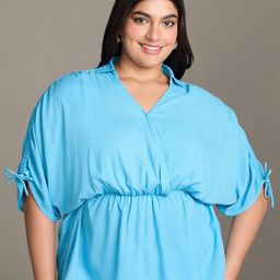 20Dresses Plus Size Blue Shirt Collar Kimono Sleeves Cinched Waist Top-26