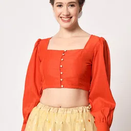 studio rasa Square Neck Puff Sleeve Sheen Crop Top-image-12