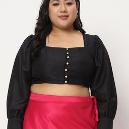 studio rasa Plus Size Square Neck Puff Sleeves Sheen Crop Top-78