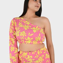 Blissence Floral Print One Shoulder Bell Sleeve Crepe Crop Top-image-74