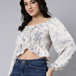 SHOWOFF Printed Sweetheart Neck Puff Sleeves Crop Fitted Top-image-69
