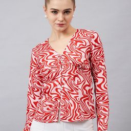 Chemistry Abstract Printed V-Neck Cuffed Sleeves Crepe Top-19