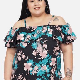 Indietoga Plus Size Green & Black Printed Off-Shoulder Crepe Top-20
