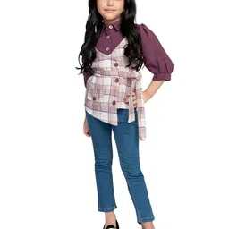 Tiny Kingdom Checked Three-Quarter Sleeves Cotton Shirt Style Top-image-33