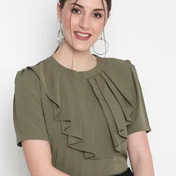 AKIMIA Olive Green Ruffles Crepe Top-picture-9