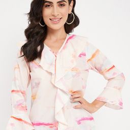 BRINNS Abstract Printed Bell Sleeve Ruffled Crepe Top-image-16