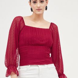 Harpa Puff Sleeve Smocked Cinched Waist Crop Top-image-90