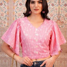 Vishudh Pink Floral Printed V-Neck Flared Sleeve Crop Top-image-88