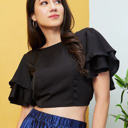 Globus Black Round Neck Flared Sleeves Crop Top-image-50