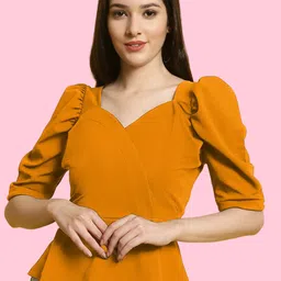 Fabflee Puff Sleeve Sweetheart Neck Peplum Top-picture-55