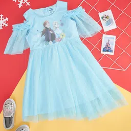 Pantaloons Junior Girls Elsa & Anna Printed Cold-Shoulder Sleeves Fit & Flare Dress-picture-2