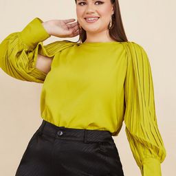 Styli Plus Size Pleated Bishop Slit Sleeves Round Neck Regular Top-picture-50