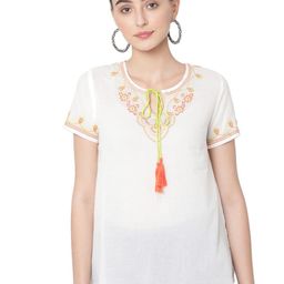 SAVI Ethnic Motifs Embroidered Tie Up Neck Top-image-10